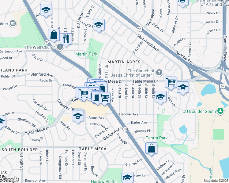 map of restaurants, bars, coffee shops, grocery stores, and more near 560 South 40th Street in Boulder