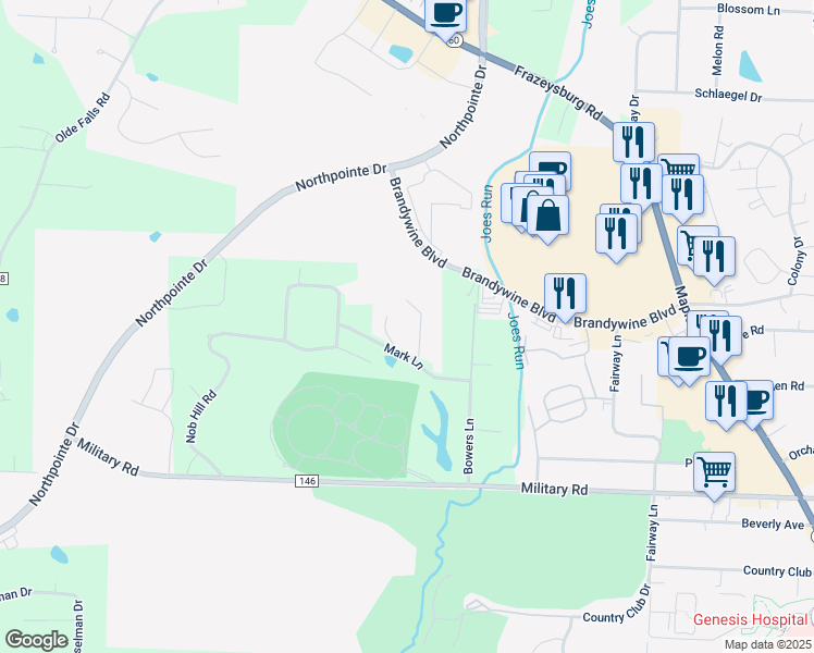 map of restaurants, bars, coffee shops, grocery stores, and more near 1575 Bowers Lane in Zanesville