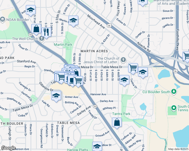 map of restaurants, bars, coffee shops, grocery stores, and more near 555 South 42nd Street in Boulder