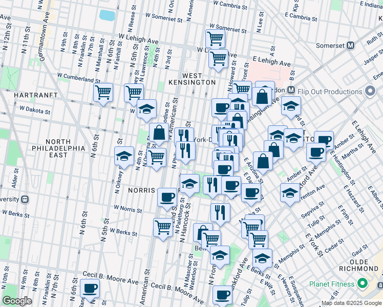 map of restaurants, bars, coffee shops, grocery stores, and more near 2245 North Palethorp Street in Philadelphia