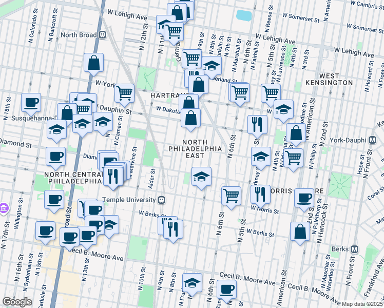 map of restaurants, bars, coffee shops, grocery stores, and more near 2150 North 8th Street in Philadelphia