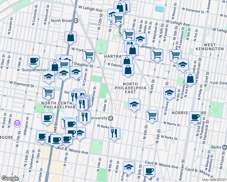 map of restaurants, bars, coffee shops, grocery stores, and more near 937 Edgley Street in Philadelphia