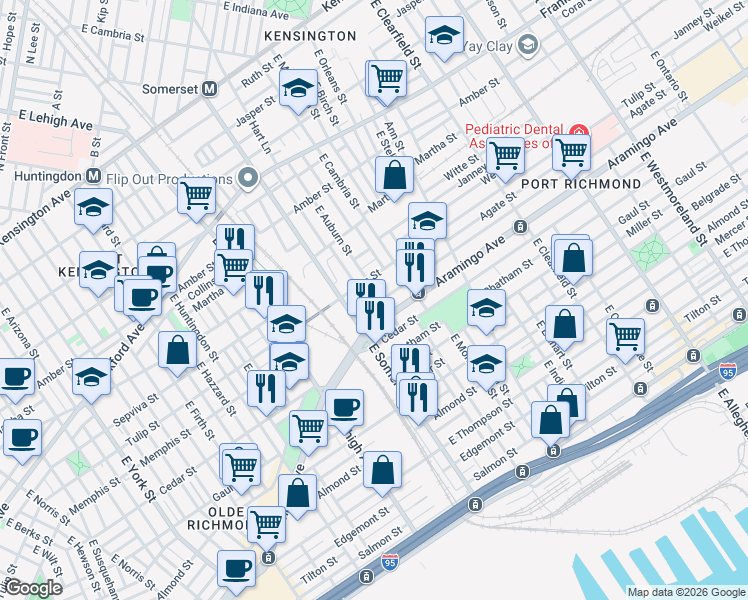 map of restaurants, bars, coffee shops, grocery stores, and more near 2810 Aramingo Avenue in Philadelphia
