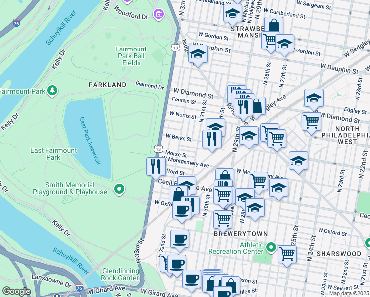 map of restaurants, bars, coffee shops, grocery stores, and more near 3136 Euclid Avenue in Philadelphia