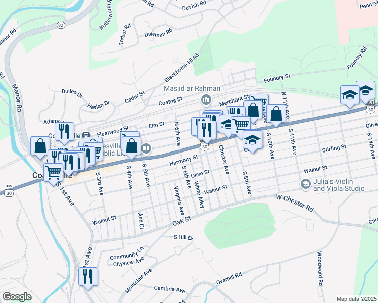 map of restaurants, bars, coffee shops, grocery stores, and more near 614 Lincoln Highway East in Coatesville