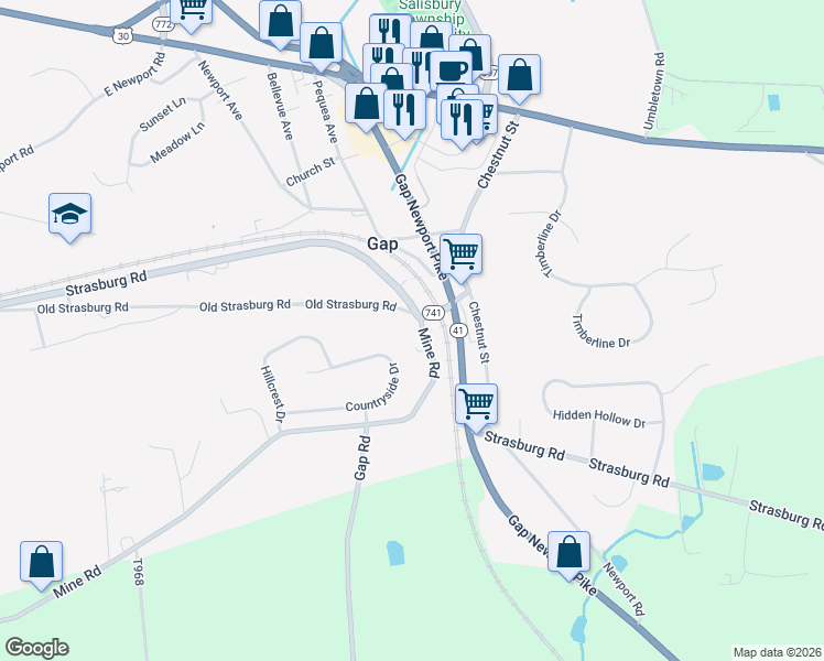map of restaurants, bars, coffee shops, grocery stores, and more near 5322 Countryside Drive in Kinzers