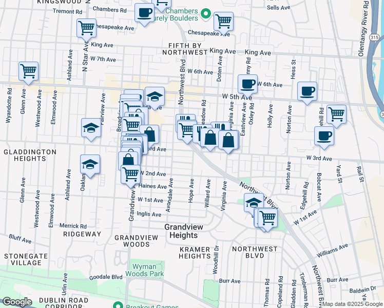 map of restaurants, bars, coffee shops, grocery stores, and more near 1291 West 3rd Avenue in Columbus