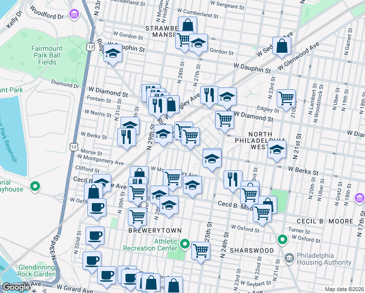 map of restaurants, bars, coffee shops, grocery stores, and more near 1846 North 27th Street in Philadelphia