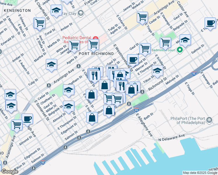 map of restaurants, bars, coffee shops, grocery stores, and more near 3166 Mercer Street in Philadelphia