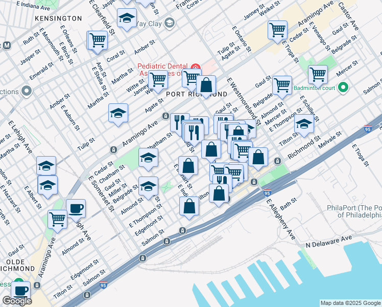 map of restaurants, bars, coffee shops, grocery stores, and more near 2532 East Clearfield Street in Philadelphia