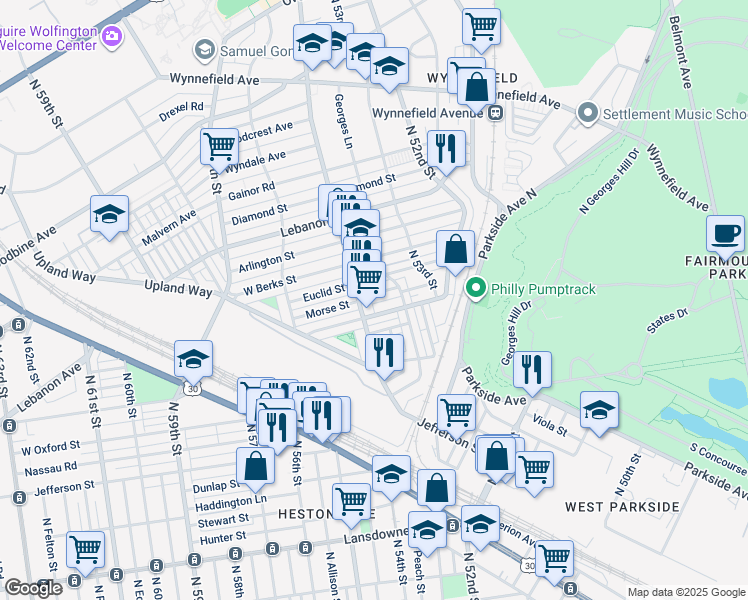 map of restaurants, bars, coffee shops, grocery stores, and more near 5384 Morse Street in Philadelphia