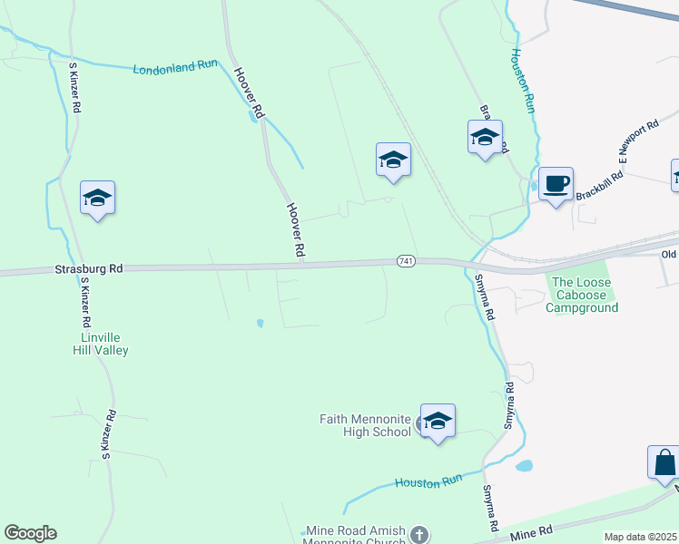 map of restaurants, bars, coffee shops, grocery stores, and more near 5032 Strasburg Road in Kinzers