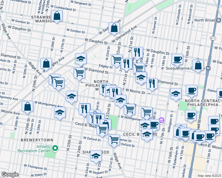 map of restaurants, bars, coffee shops, grocery stores, and more near 2200 West Norris Street in Philadelphia