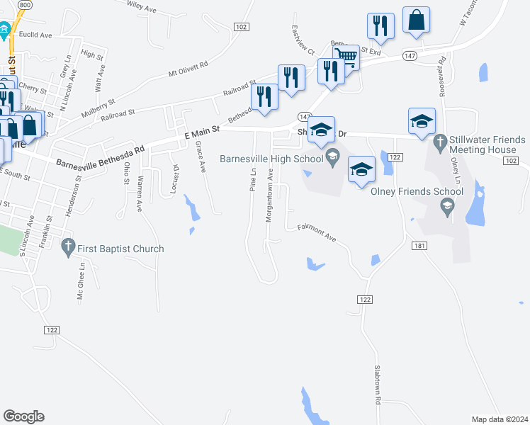 map of restaurants, bars, coffee shops, grocery stores, and more near 412 Morgantown Avenue in Barnesville