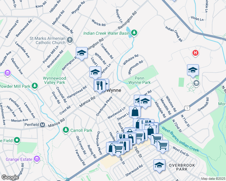 map of restaurants, bars, coffee shops, grocery stores, and more near 125 Haverford Road in Wynnewood