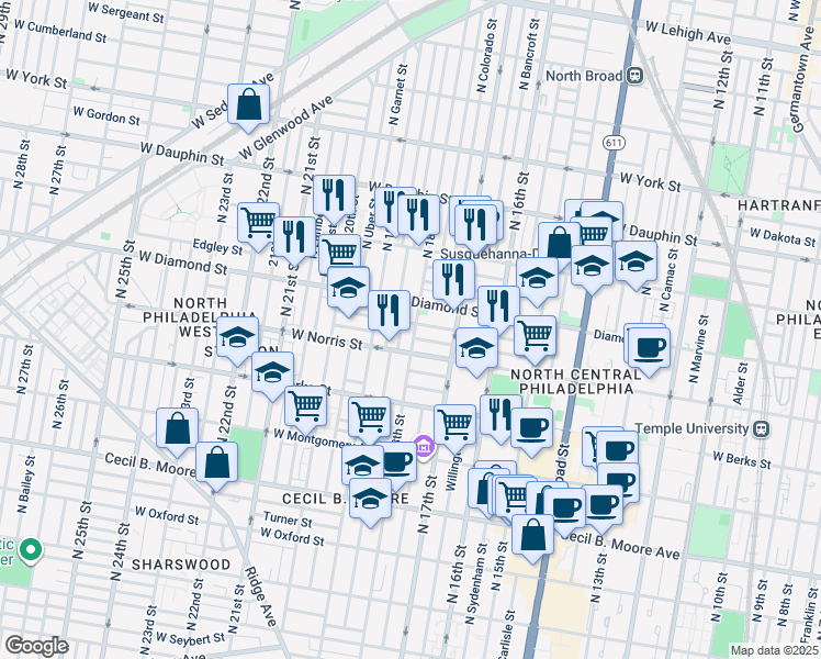 map of restaurants, bars, coffee shops, grocery stores, and more near 2028 North 18th Street in Philadelphia