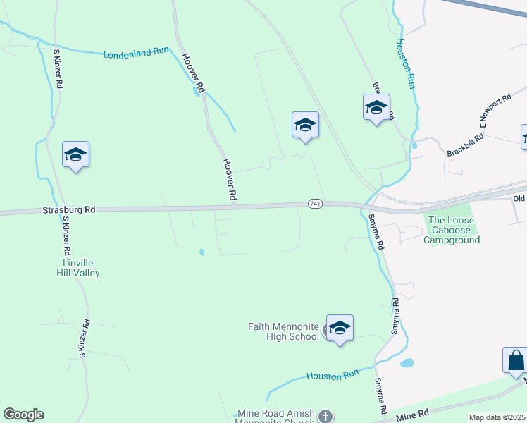 map of restaurants, bars, coffee shops, grocery stores, and more near 5032 Strasburg Road in Kinzers