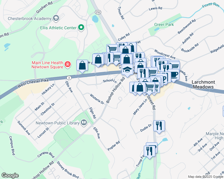 map of restaurants, bars, coffee shops, grocery stores, and more near 39 Bishop Hollow Road in Newtown Square