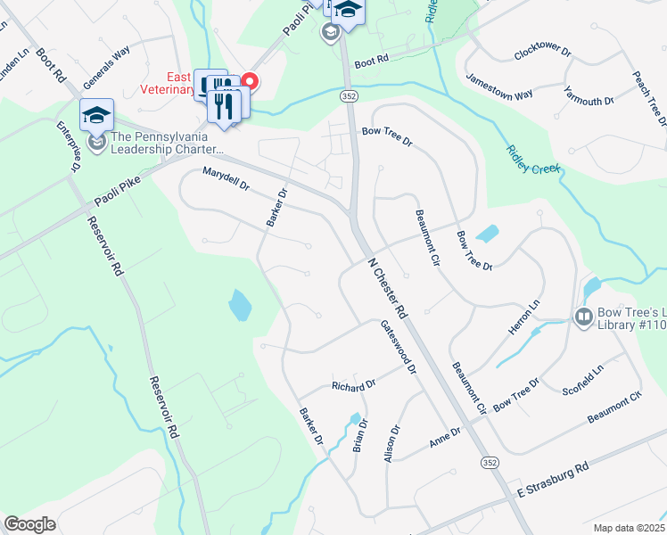 map of restaurants, bars, coffee shops, grocery stores, and more near 1541 Bancroft Drive in West Chester