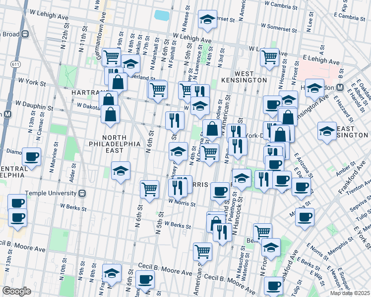 map of restaurants, bars, coffee shops, grocery stores, and more near 2213 North Lawrence Street in Philadelphia
