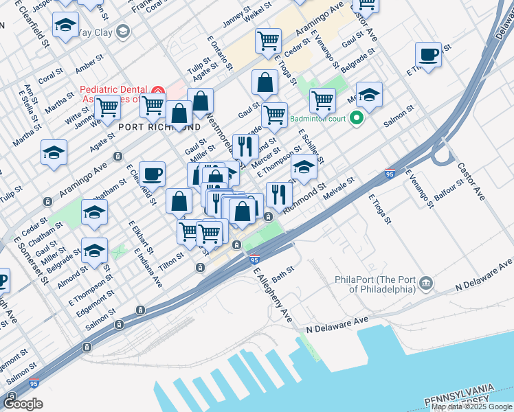 map of restaurants, bars, coffee shops, grocery stores, and more near 3277 Tilton Street in Philadelphia