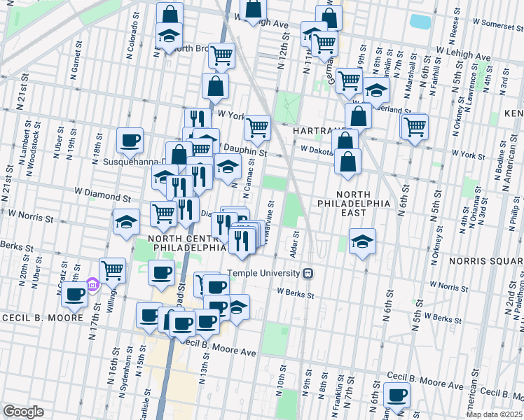 map of restaurants, bars, coffee shops, grocery stores, and more near 2115 North 12th Street in Philadelphia