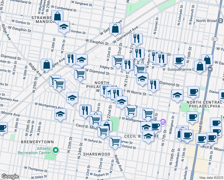 map of restaurants, bars, coffee shops, grocery stores, and more near 2200 West Norris Street in Philadelphia