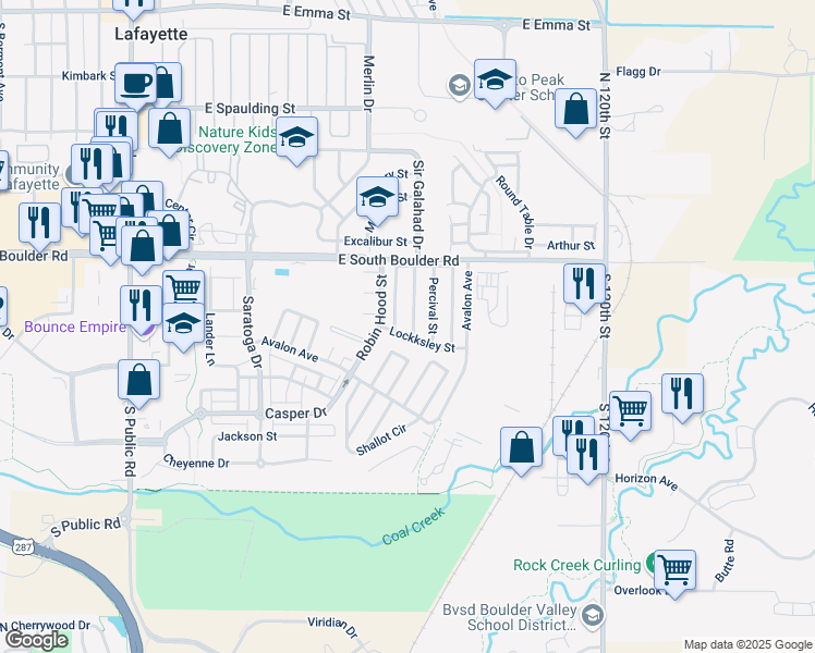 map of restaurants, bars, coffee shops, grocery stores, and more near 11700 East South Boulder Road in Lafayette