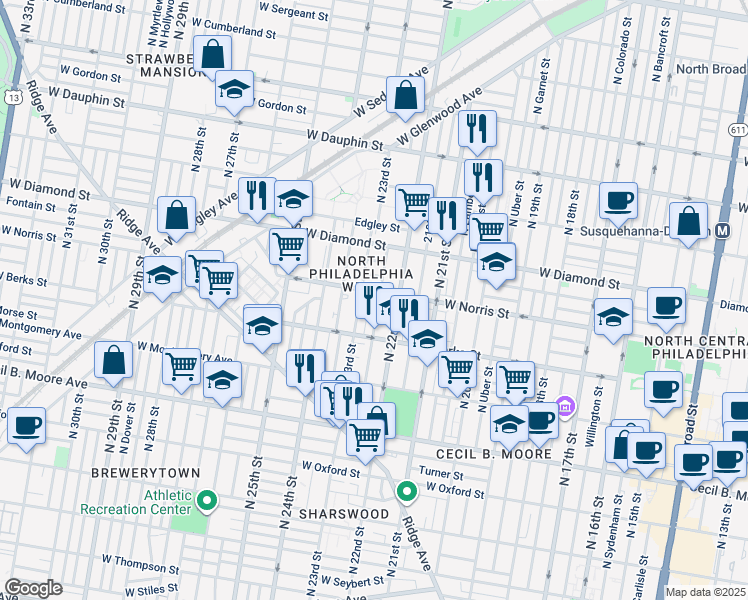 map of restaurants, bars, coffee shops, grocery stores, and more near 1954 North Croskey Street in Philadelphia