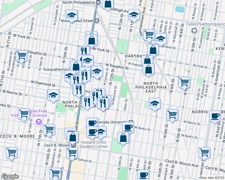 map of restaurants, bars, coffee shops, grocery stores, and more near 2119 North 12th Street in Philadelphia