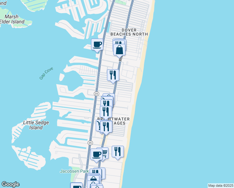 map of restaurants, bars, coffee shops, grocery stores, and more near 3170 New Jersey 35 in Lavallette