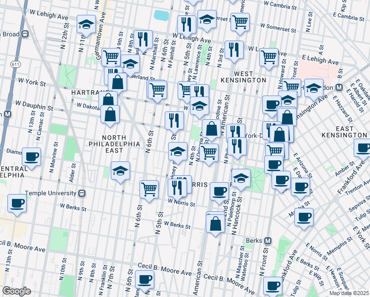 map of restaurants, bars, coffee shops, grocery stores, and more near 2213 North Lawrence Street in Philadelphia