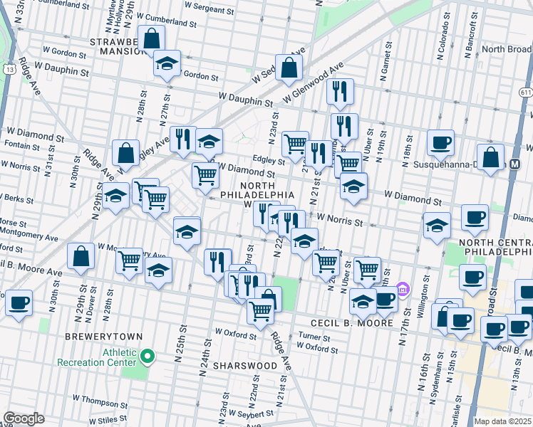 map of restaurants, bars, coffee shops, grocery stores, and more near 1954 North Croskey Street in Philadelphia