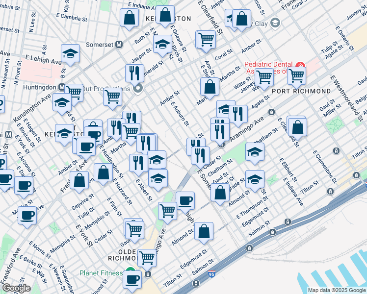 map of restaurants, bars, coffee shops, grocery stores, and more near E Somerset St & Tulip St in Philadelphia