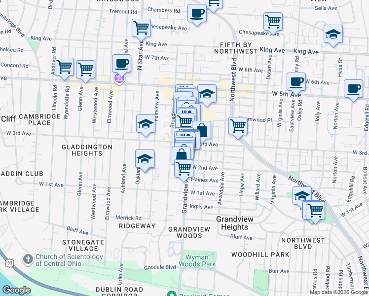 map of restaurants, bars, coffee shops, grocery stores, and more near 1354 Grandview Avenue in Columbus