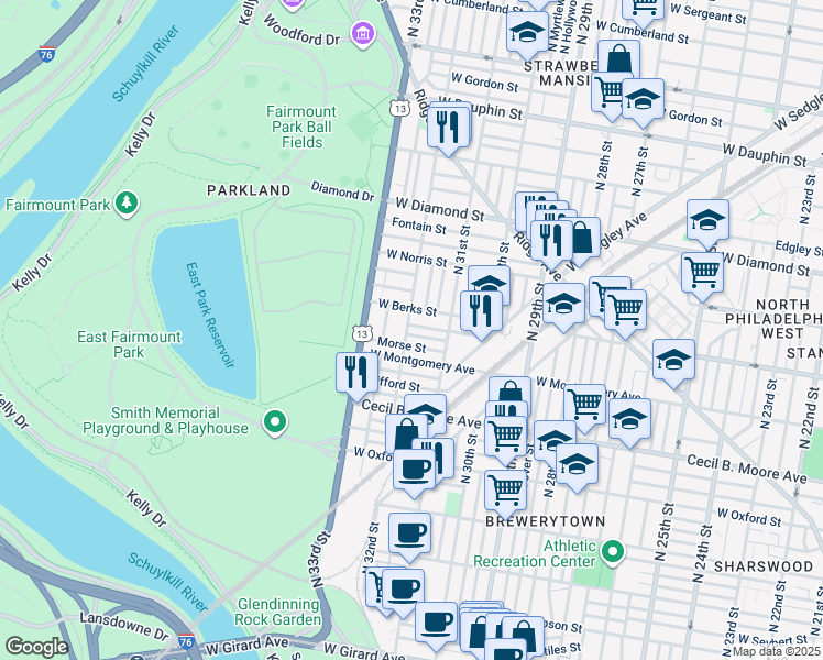 map of restaurants, bars, coffee shops, grocery stores, and more near 3148 Euclid Avenue in Philadelphia