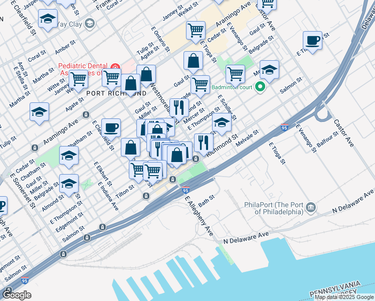 map of restaurants, bars, coffee shops, grocery stores, and more near 3277 Tilton Street in Philadelphia