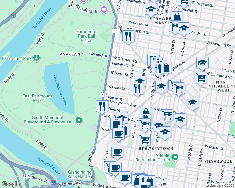 map of restaurants, bars, coffee shops, grocery stores, and more near 3100 Euclid Avenue in Philadelphia