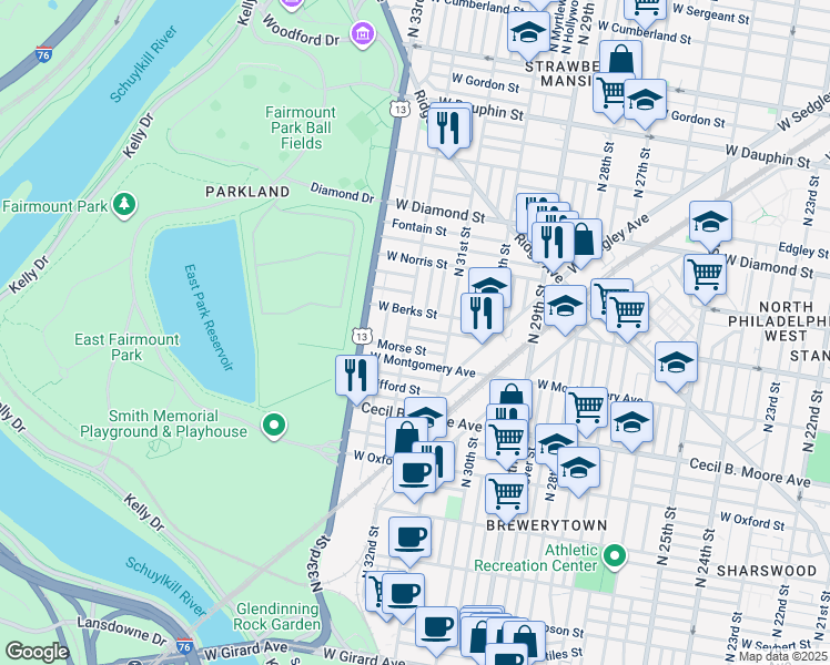 map of restaurants, bars, coffee shops, grocery stores, and more near 3148 Euclid Avenue in Philadelphia