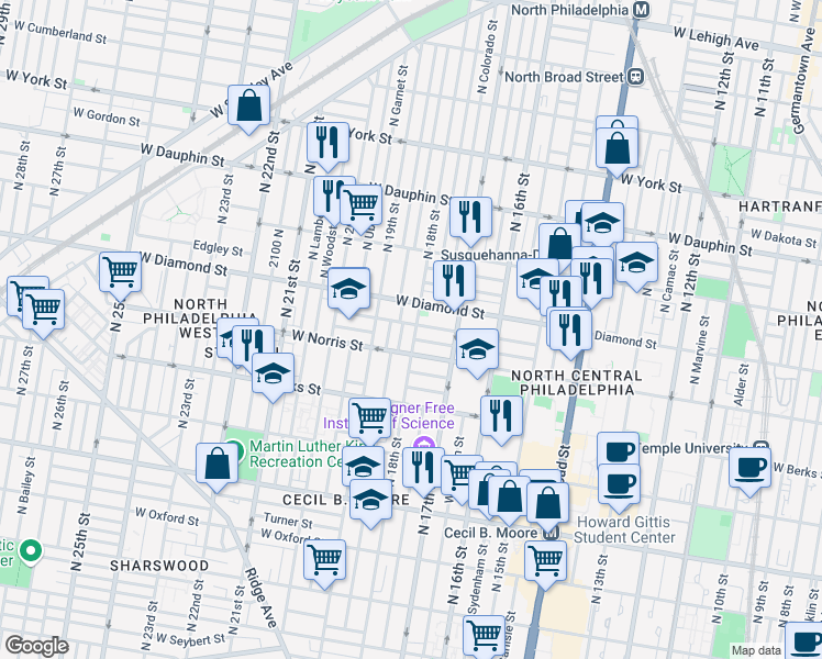 map of restaurants, bars, coffee shops, grocery stores, and more near 2030 North 18th Street in Philadelphia