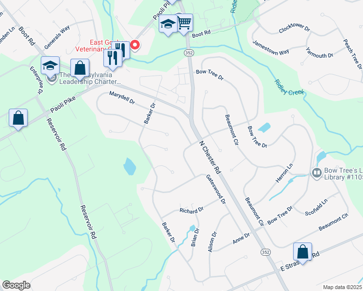 map of restaurants, bars, coffee shops, grocery stores, and more near 1541 Bancroft Drive in West Chester