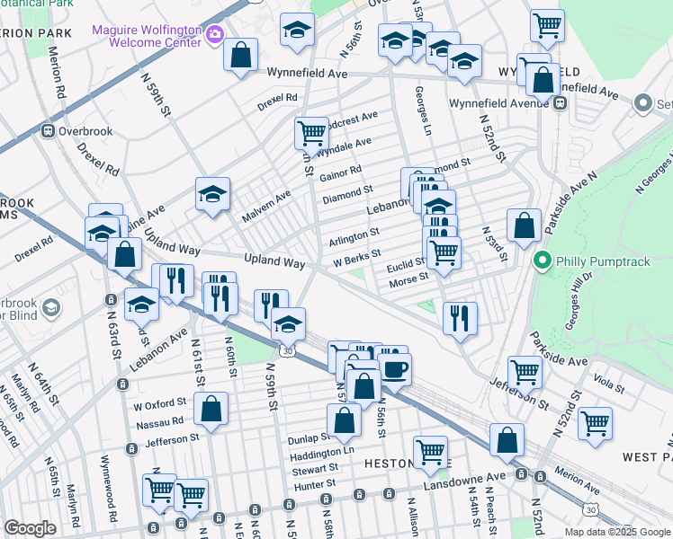 map of restaurants, bars, coffee shops, grocery stores, and more near 5652 West Berks Street in Philadelphia