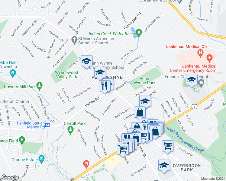 map of restaurants, bars, coffee shops, grocery stores, and more near Haverford Rd & Manoa Rd in Penn Wynne