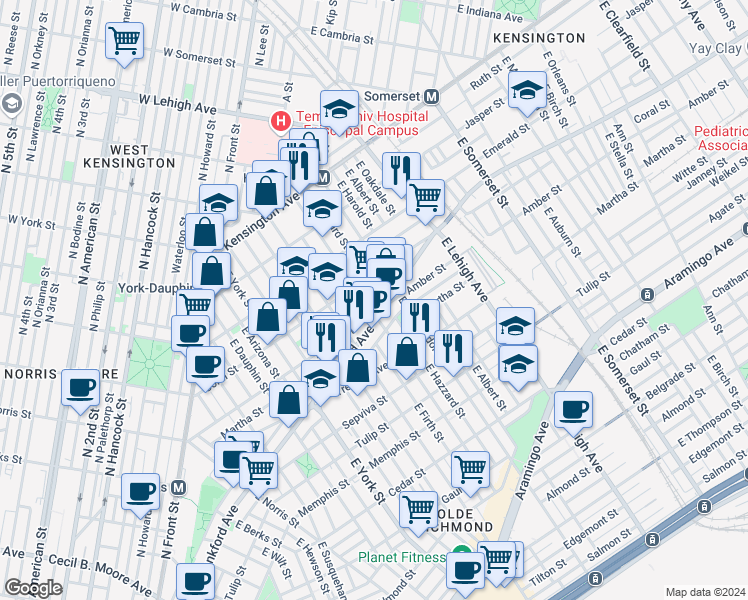 map of restaurants, bars, coffee shops, grocery stores, and more near 2546 Arcadia Street in Philadelphia