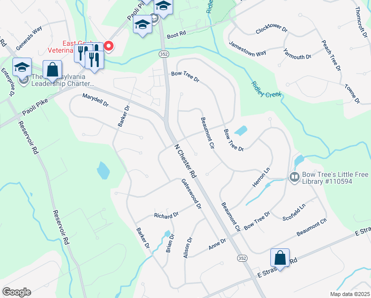 map of restaurants, bars, coffee shops, grocery stores, and more near 610 South Speakman Lane in West Chester
