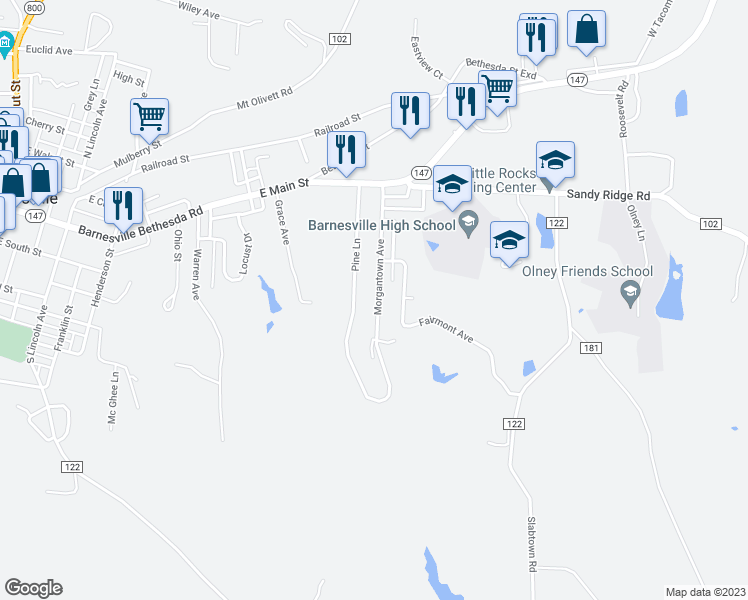 map of restaurants, bars, coffee shops, grocery stores, and more near 412 Morgantown Avenue in Barnesville