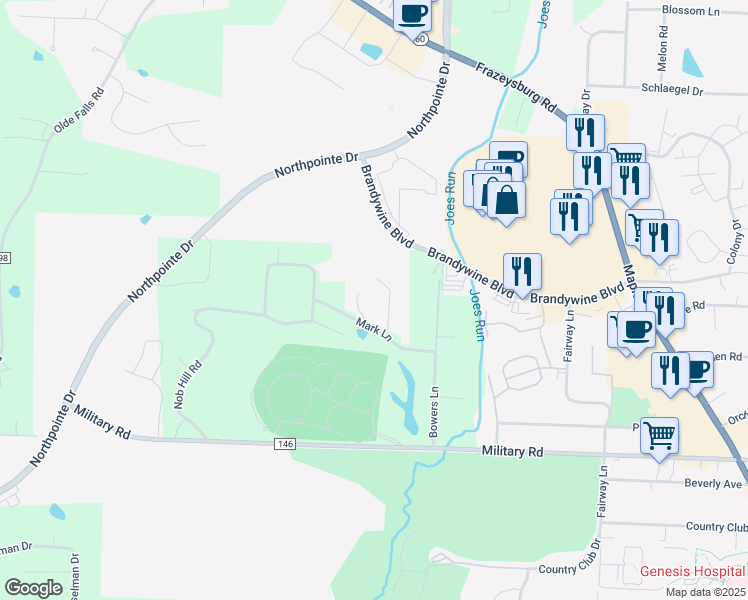 map of restaurants, bars, coffee shops, grocery stores, and more near 1575 Bowers Lane in Zanesville