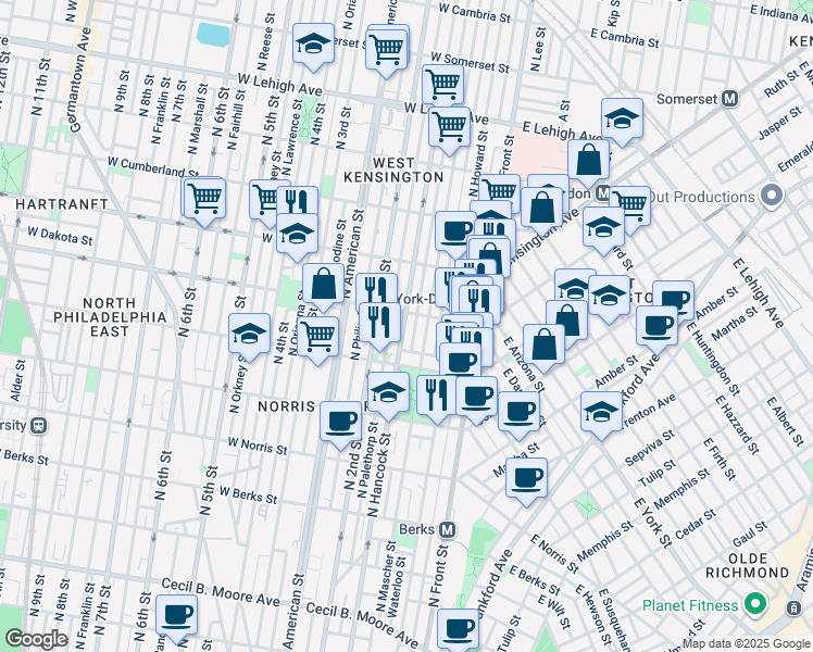 map of restaurants, bars, coffee shops, grocery stores, and more near 2243 North Hancock Street in Philadelphia