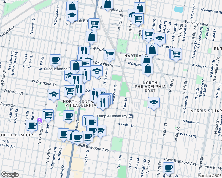 map of restaurants, bars, coffee shops, grocery stores, and more near 2115 North 12th Street in Philadelphia