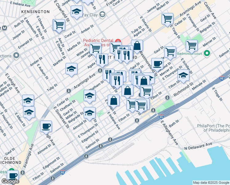 map of restaurants, bars, coffee shops, grocery stores, and more near 2528 East Clearfield Street in Philadelphia